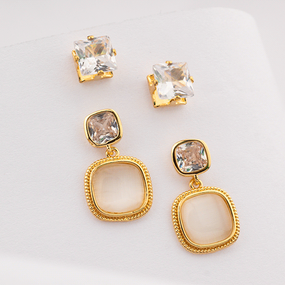Duo Aretes Rodio Doble Cuadro Ojo Gato