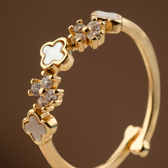 Anillo Rodio Trebol Nacar Flor Circón