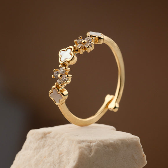 Anillo Rodio Trebol Nacar Flor Circón